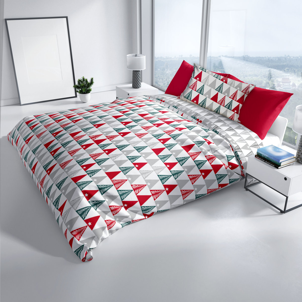 Pościel świąteczna Carbotex, 100% bawełny, 140x200 +70x90cm, kolorowe choinki