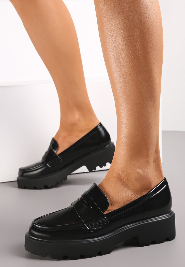 Czarne Mokasyny z Imitacji Skóry na Grubej Podeszwie Inran