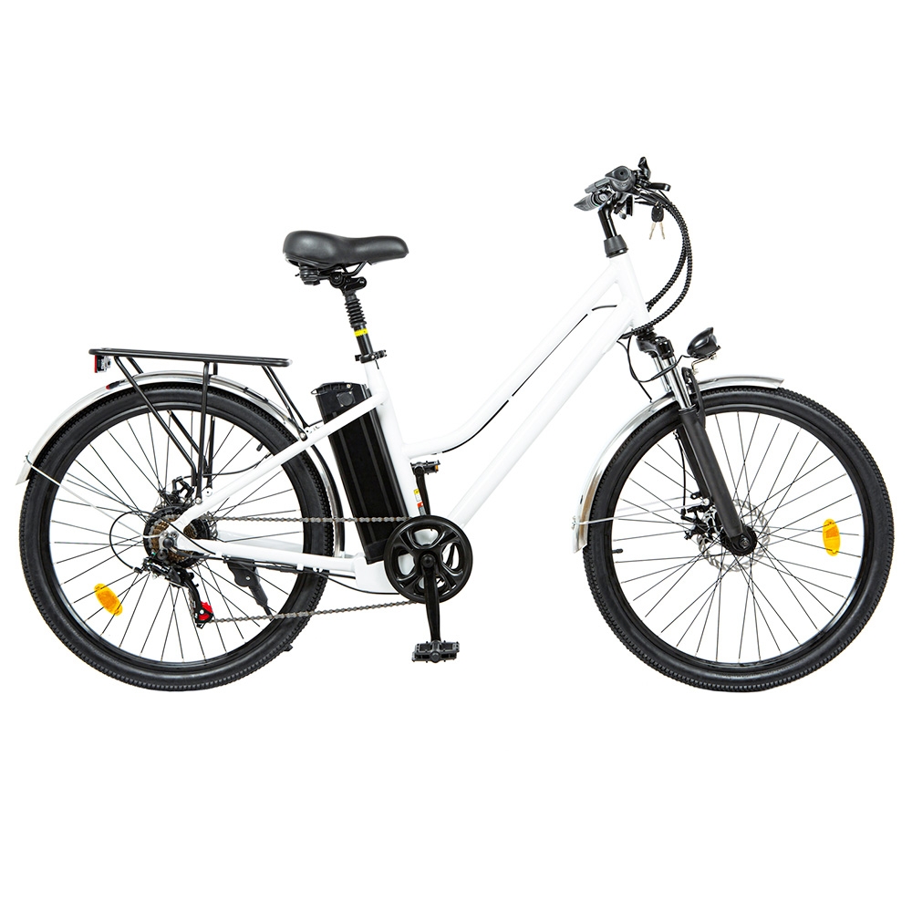 BK1 Electric Bike 36V 350W Motor 10Ah Battery Shimano 7 Speed Gear Front Suspension and Dual Disc Brakes - White