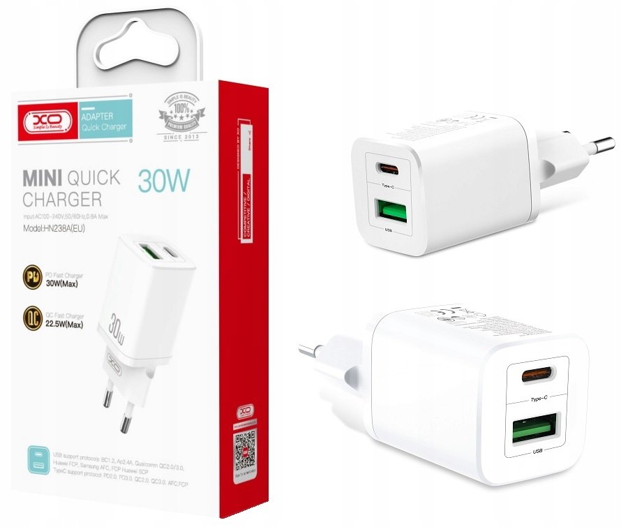 XO XO Ładowarka sieciowa HN238A QC3.0 PD 30W 1x USB 1x USB-C biała 8_2270594