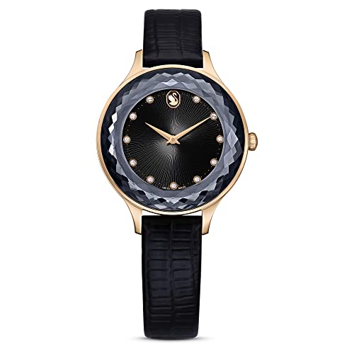 Swarovski Zegarek Octea Nova, Swiss Made, Skórzany pasek, Czarny, Powłoka w odcieniu różowego złota