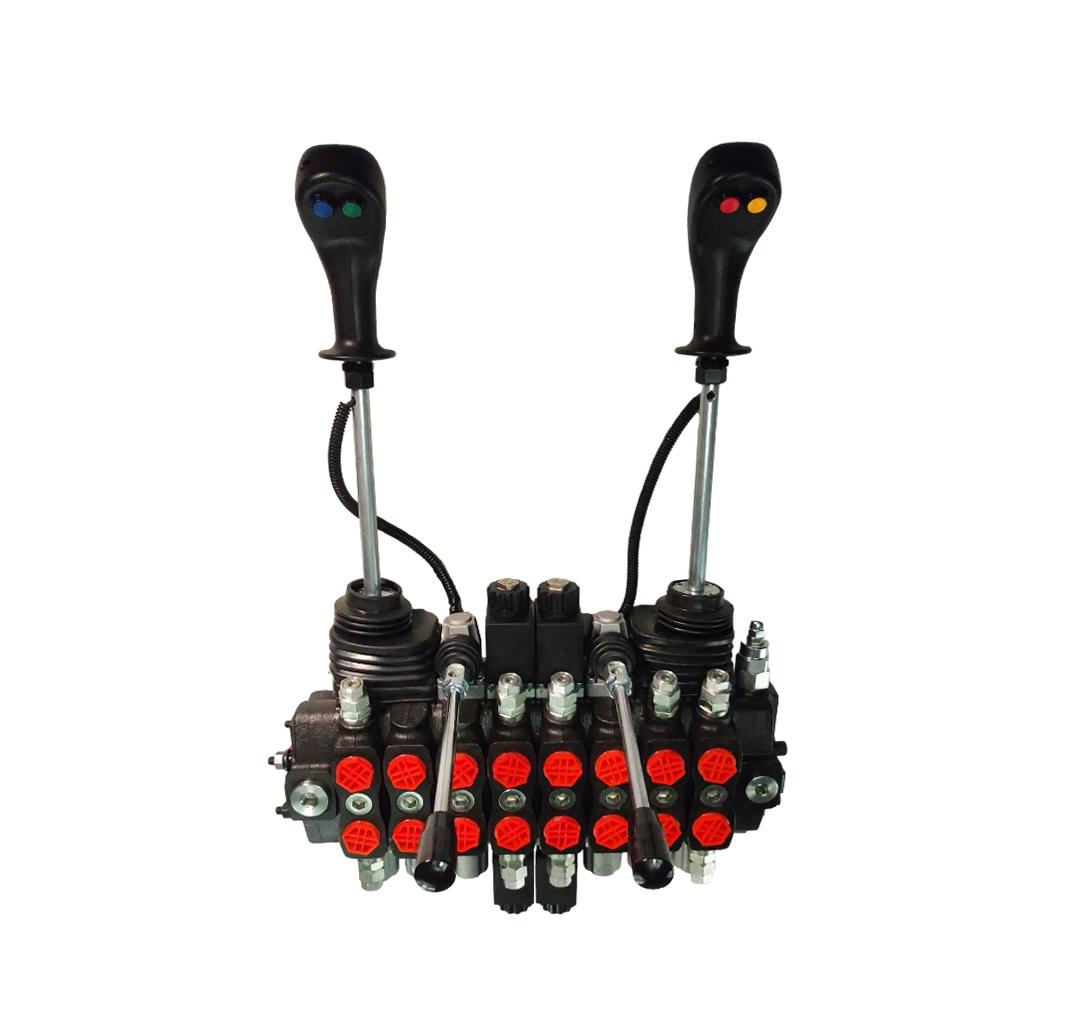 Rozdzielacz hydrauliczny 8-sekcyjny, 2 sekcje elektryczne 12V, 90l, 2 joysticki 4-pozycyjne