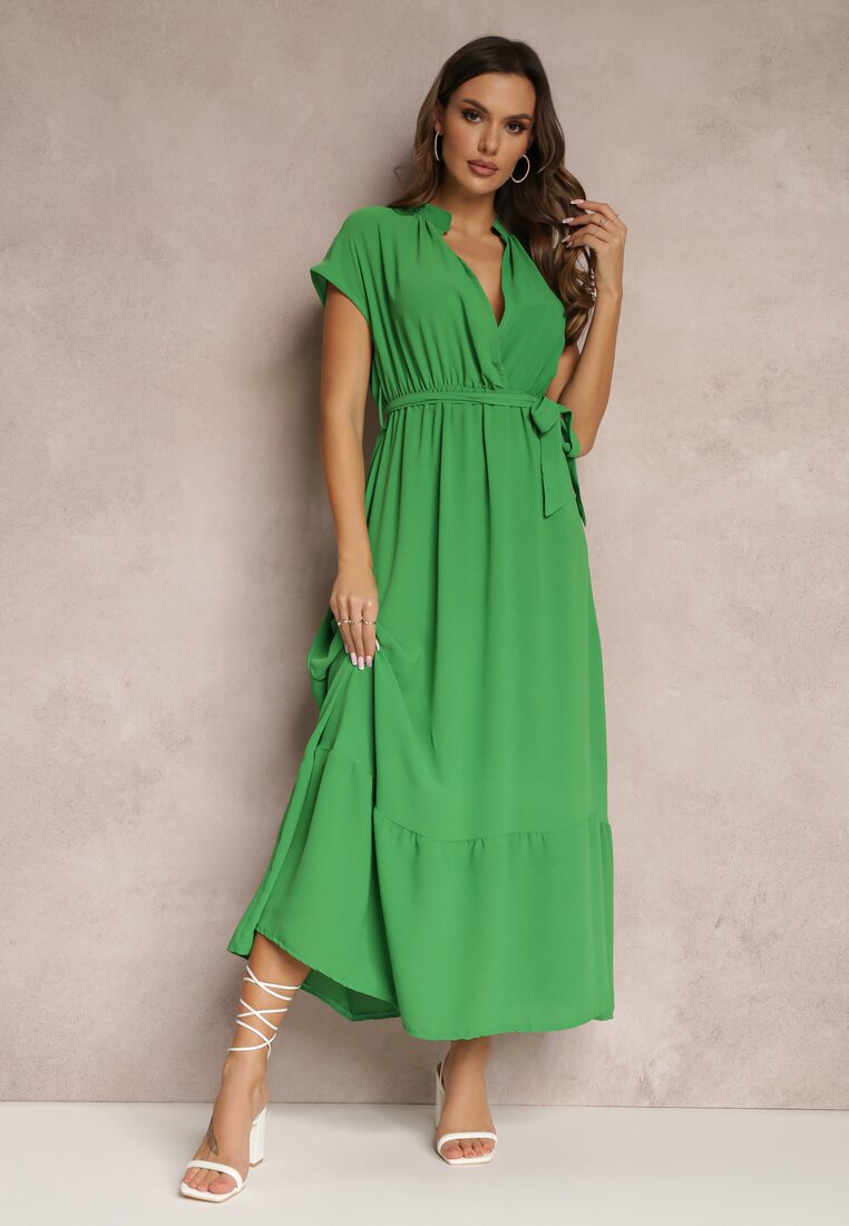 Zielona Kopertowa Sukienka z Gumką w Talii i Wiązaniem Mylelse