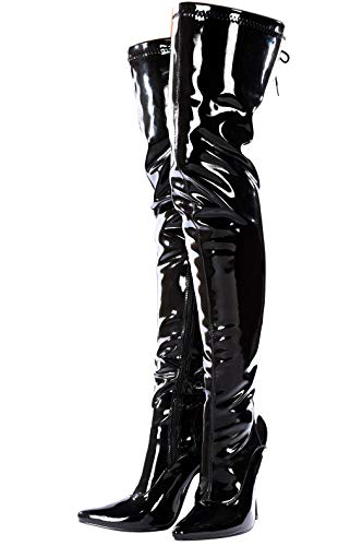 Damskie seksowne udo wysoki perwersyjny za kolano szpilki pełny haczyk sznurowane buty na zamek błyskawiczny rozmiar UK 4-12, Black Patent, 36 EU