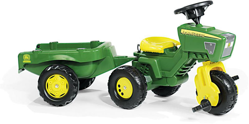 Rolly Toys Zielony traktor trzykołowy J. Deere z przyczepą