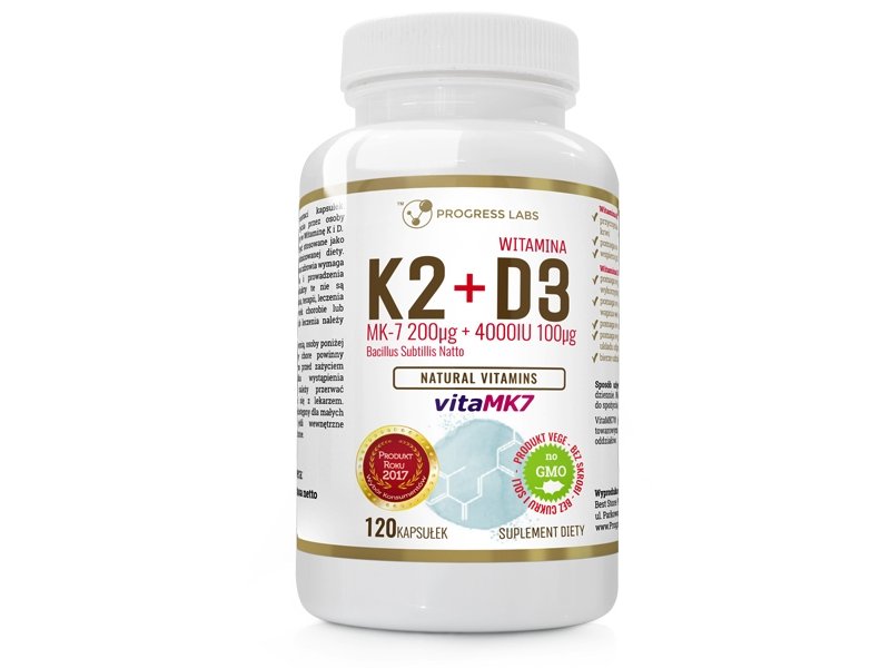 Progress Labs PROGRESS LABS, Witamina K2 vitaMK7 200 mcg + D3 100 mcg 4000IU, 120 kapsułek
