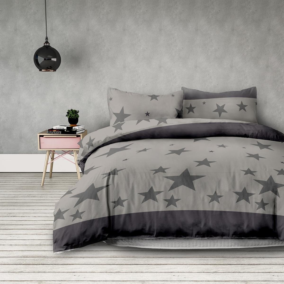 AmeliaHome pościel z mikrofibry zamek błyskawiczny Basic Collection Stardust gwiazdy szare czarne antracyt grafit oliwkowo-zielony, 155x220 + 80x80 1483