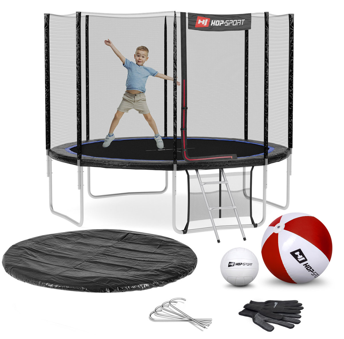 Hop-Sport Trampolina 10ft (305cm) czarno-niebieska z siatką zewnętrzną 49058