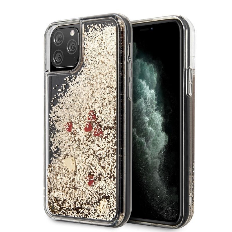 Guess Etui Liquid Glitter Floating Hearts do iPhone 11 Pro Max złoto-czerwone GUHCN65GLHREGO