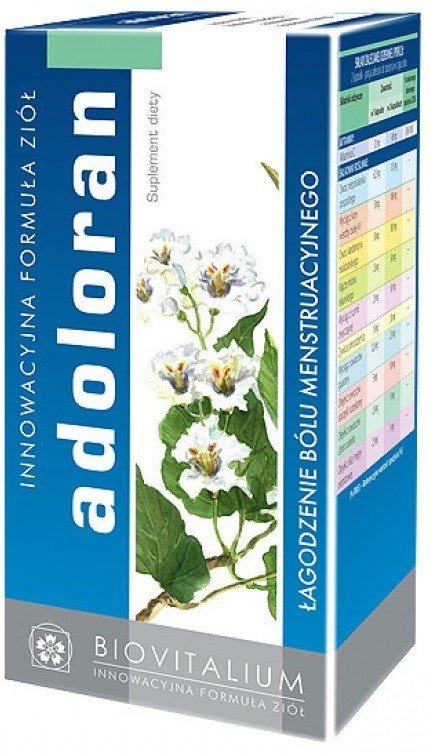 Biovitalium Adoloran - Suplement diety pomagający w złym samopoczuciu w okresie miesiączkowania, w czasie napięcia przedmiesiączkowego, uczuciu wzmożonego napięcia mięśni przed i w czasie menstruacji. 00014