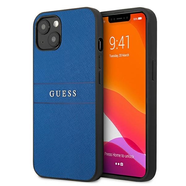 Guess Saffiano Metal Logo Stripes - Etui iPhone 13 mini niebieski GUHCP13SPSASBBL
