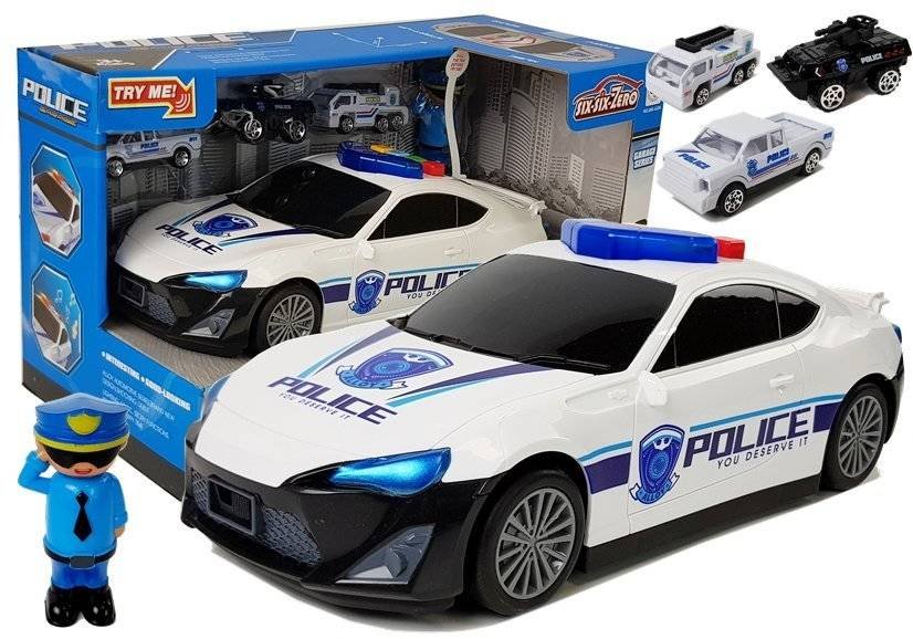 Import LEANToys Auto Policyjne Schowek Garaż 2w1 Policjant Małe Autka Dźwięk Światła