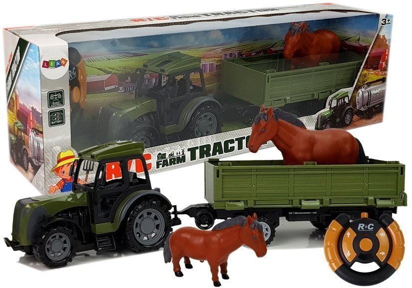 LEANToys Zielony Traktor z Niską Przyczepą Figurka Konia Zdalnie Sterowany 2.4G