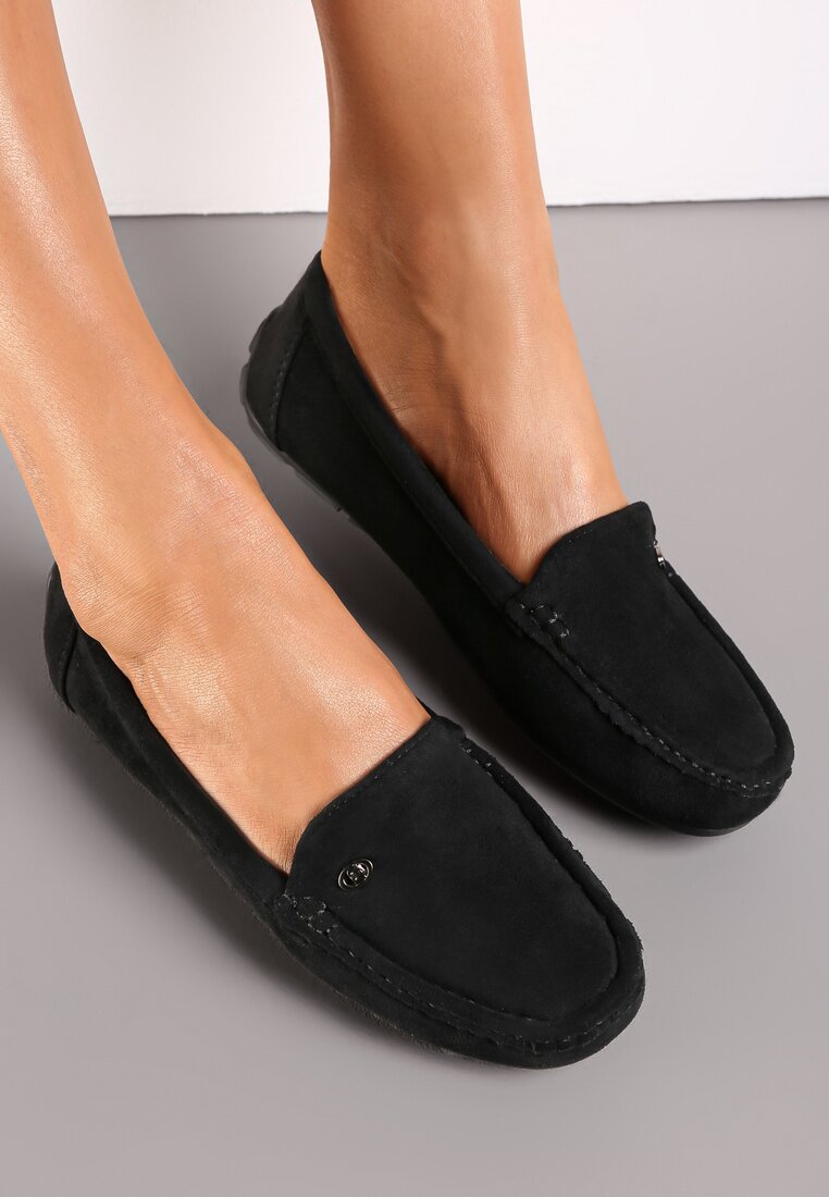 Czarne Mokasyny ze Skórzaną Wkładką i Przeszyciami Yaritza