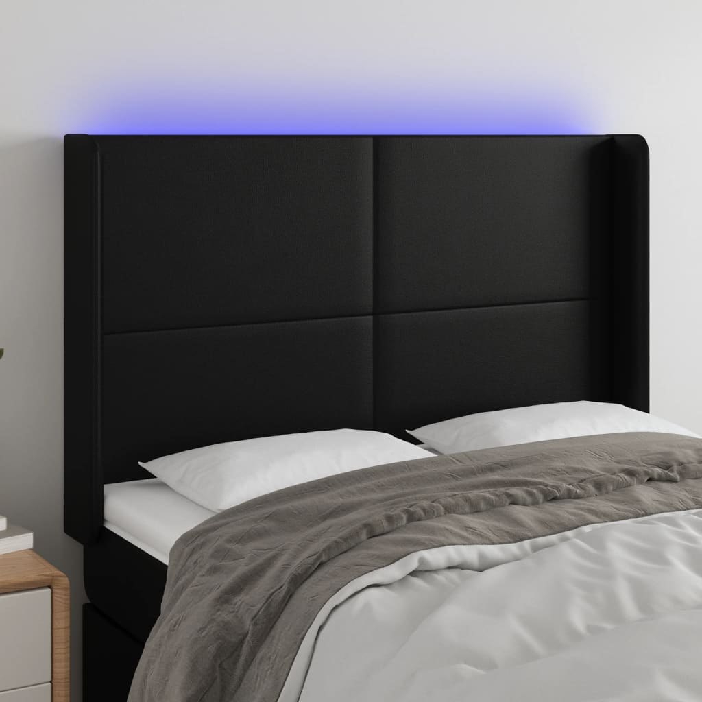 Lumarko Zagłówek do łóżka z LED, czarny 147x16x118/128cm sztuczna skóra
