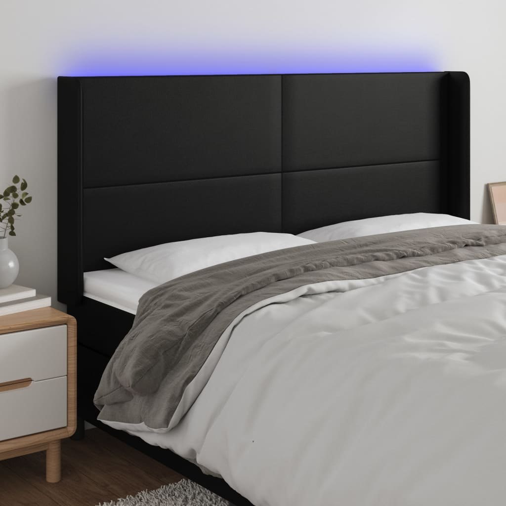 Lumarko Zagłówek do łóżka z LED, czarny 163x16x118/128cm sztuczna skóra