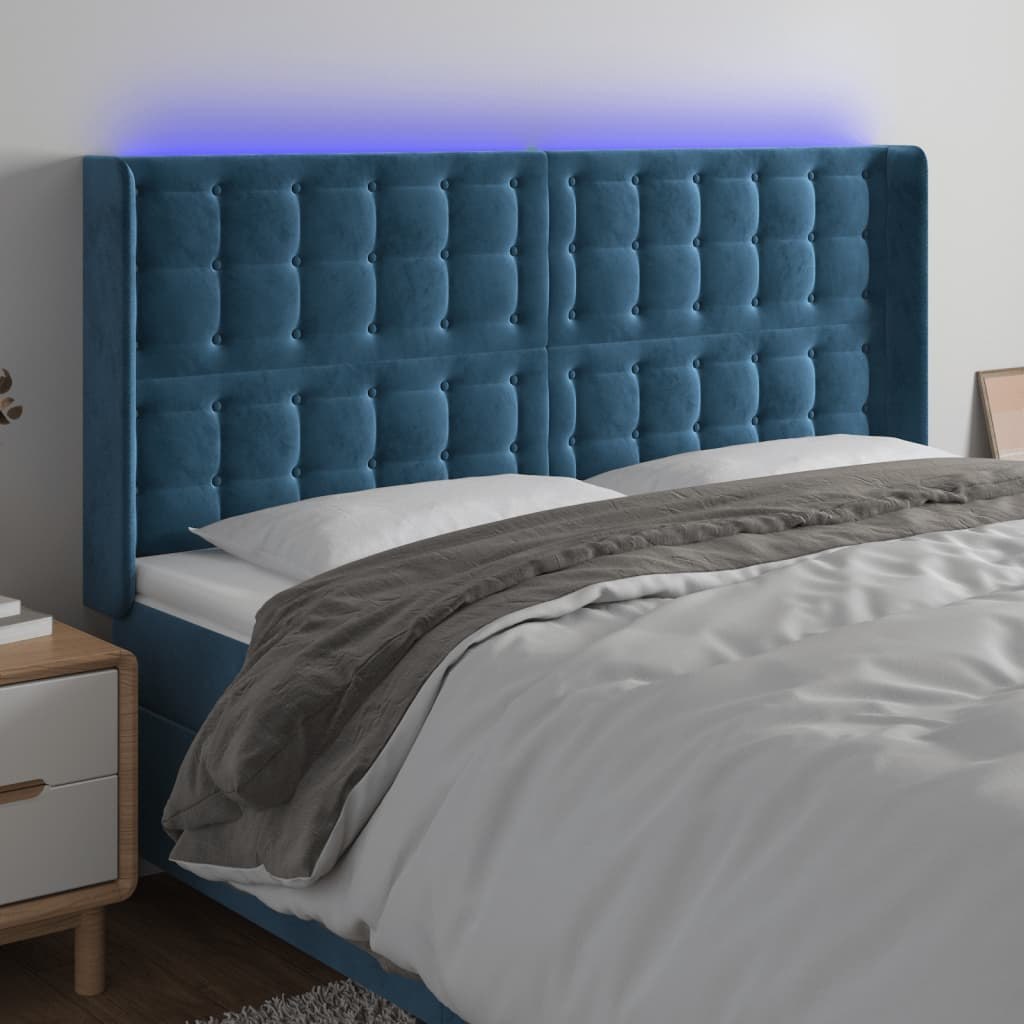Lumarko Zagłówek do łóżka z LED ciemnoniebieski, 203x16x118/128 cm
