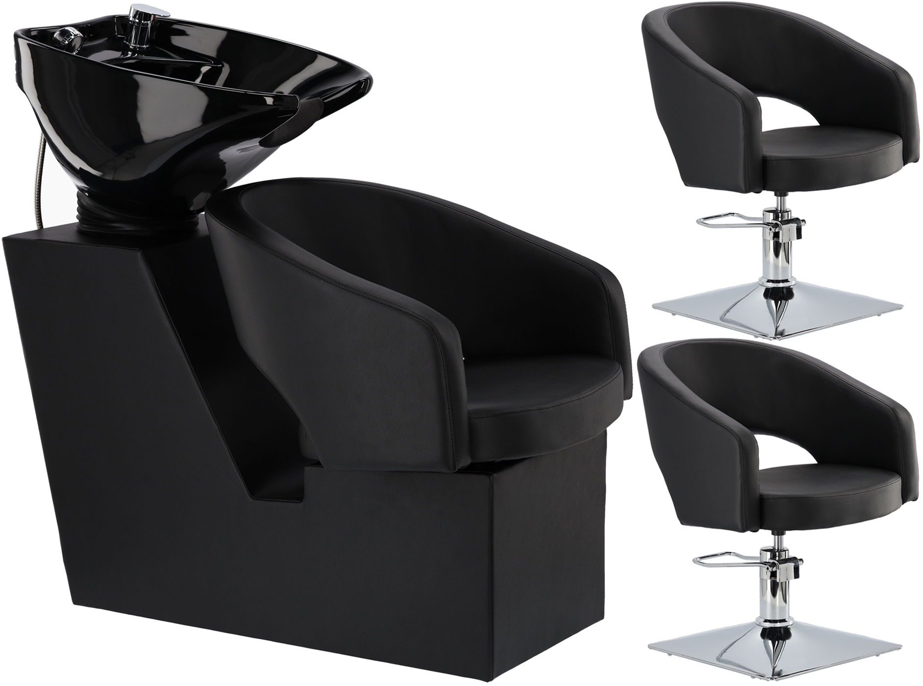 Greta Black Zestaw myjnia fryzjerska i 2 x fotel fryzjerski hydrauliczny obrotowy podnóżek do salonu fryzjerskiego myjka ruchoma misa ceramiczna armatura bateria słuchawka