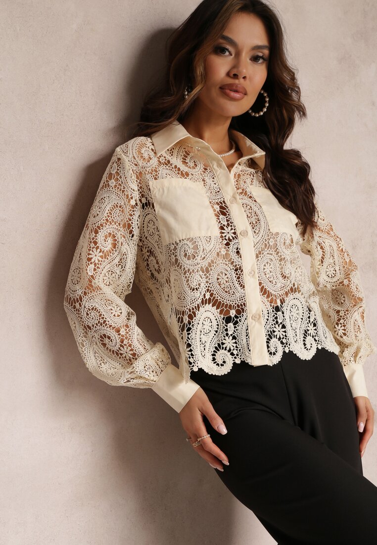 Jasnobeżowa Koronkowa Koszula z Kieszeniami Micielia