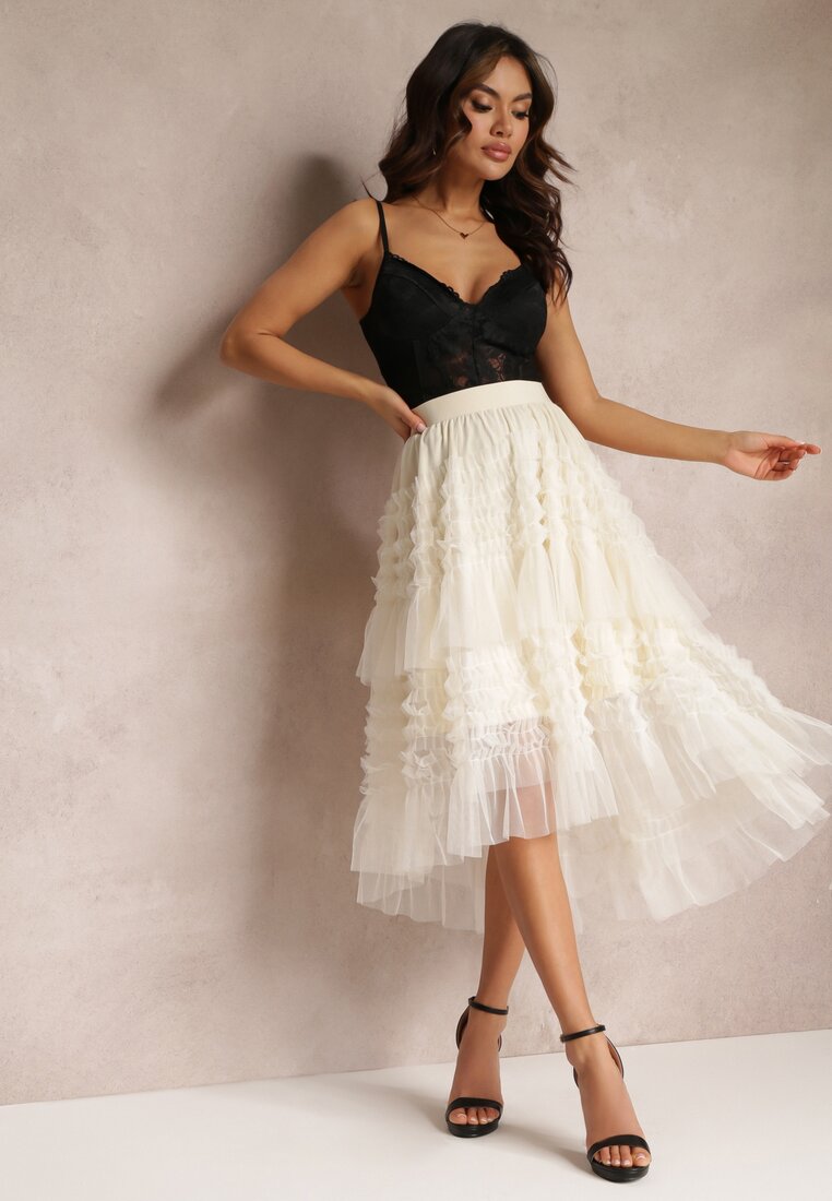 Beżowa Spódnica Rozkloszowana z Falbankami i Siateczką Solowai