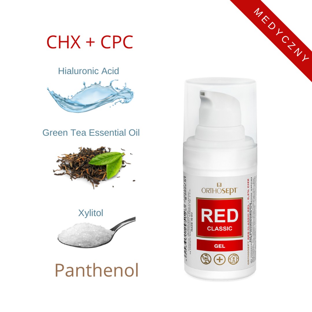 ORTHOSEPT Red Classic żel 15ml  (kwas hialuronowy + pantenol + olejek z drzewa herbacianego + xylitol + CPC + Chlorheksydyna 0,2%)