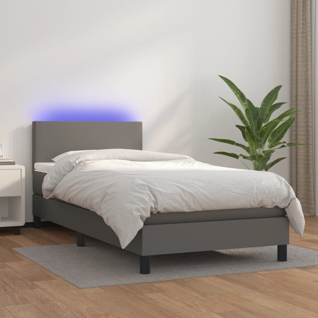 Lumarko Łóżko kontynentalne z materacem i LED, szara ekoskóra 90x200 cm