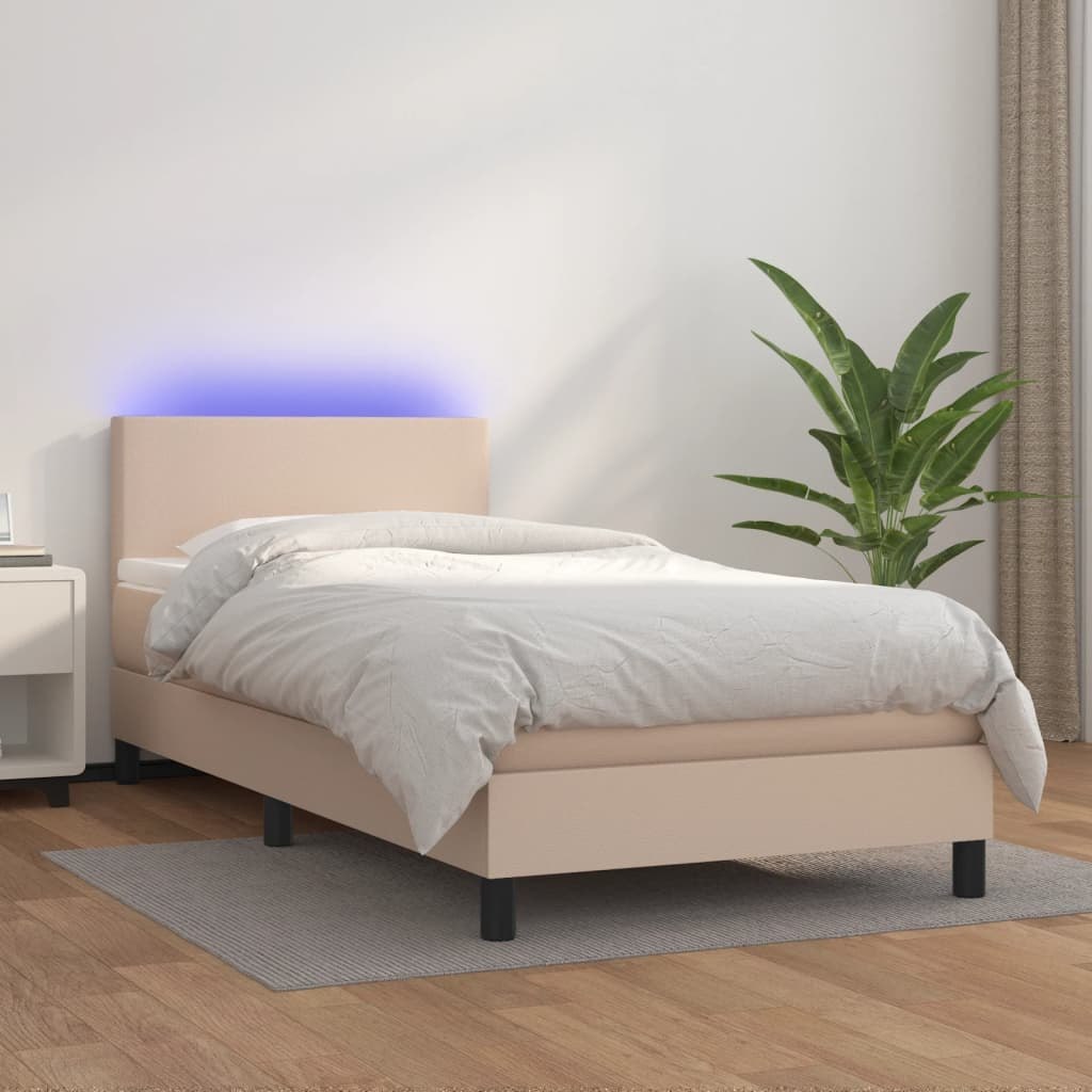 Lumarko Łóżko kontynentalne, materac i LED cappuccino ekoskóra 90x200cm