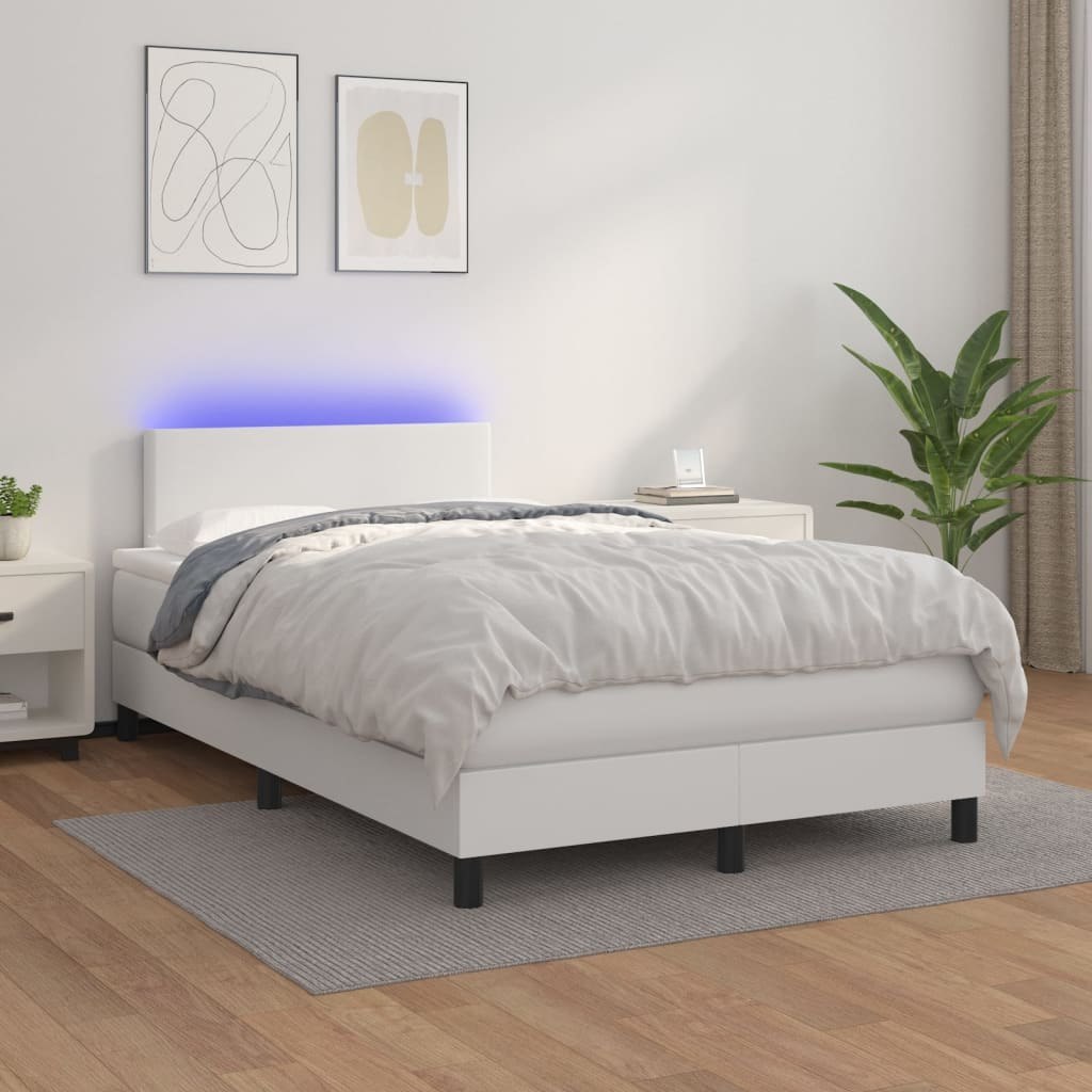 Lumarko Łóżko kontynentalne z materacem i LED, biała ekoskóra 120x200cm