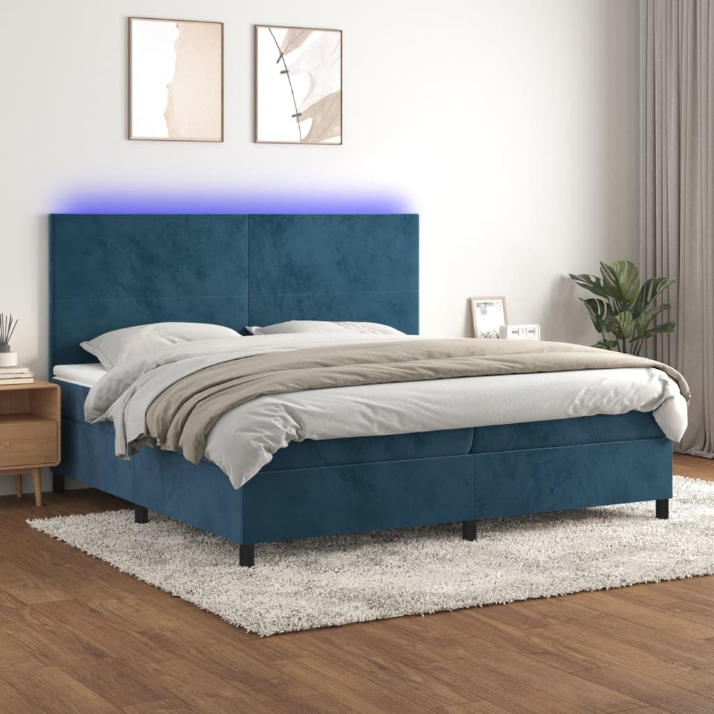 Lumarko Łóżko kontynentalne, materac i LED, niebieski aksamit 200x200cm