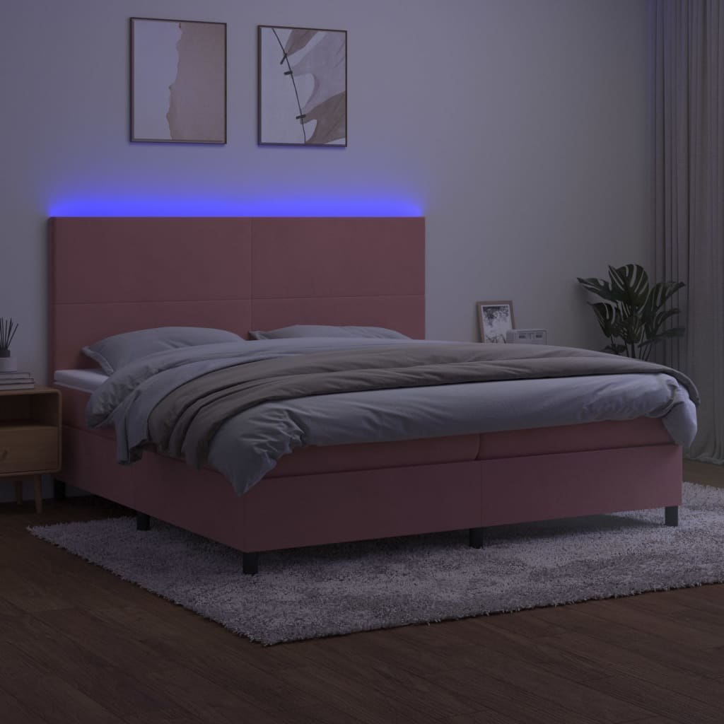 Lumarko Łóżko kontynentalne z materacem i LED, różowy aksamit 200x200cm
