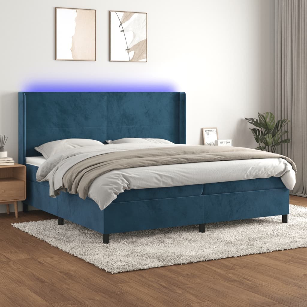 Lumarko Łóżko kontynentalne, materac i LED, niebieski aksamit 200x200cm