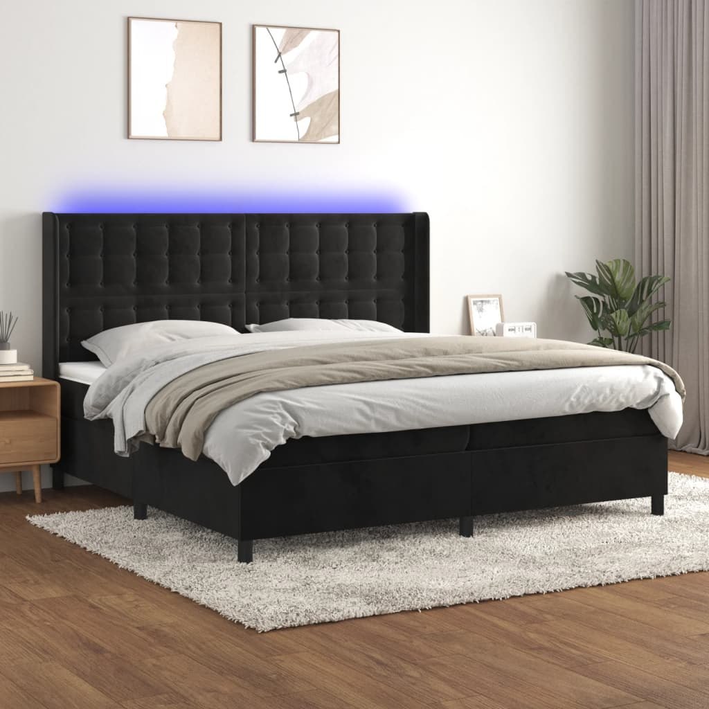 Lumarko Łóżko kontynentalne z materacem i LED, czarny aksamit 200x200cm