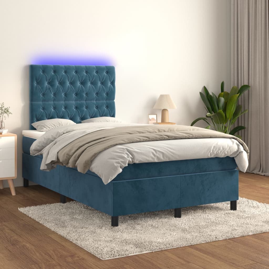Lumarko Łóżko kontynentalne, materac i LED, niebieski aksamit 120x200cm