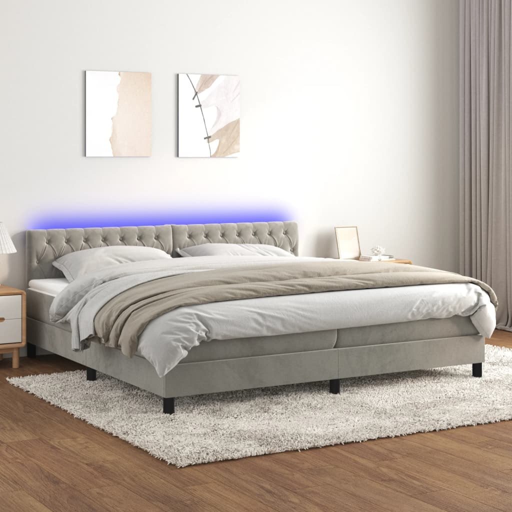 Lumarko Łóżko kontynentalne z materacem i LED, szare 200x200cm, aksamit