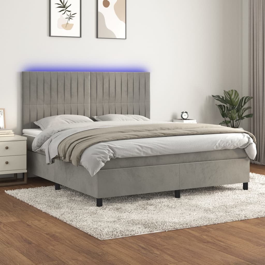 Lumarko Łóżko kontynentalne z materacem i LED, szare 180x200cm, aksamit