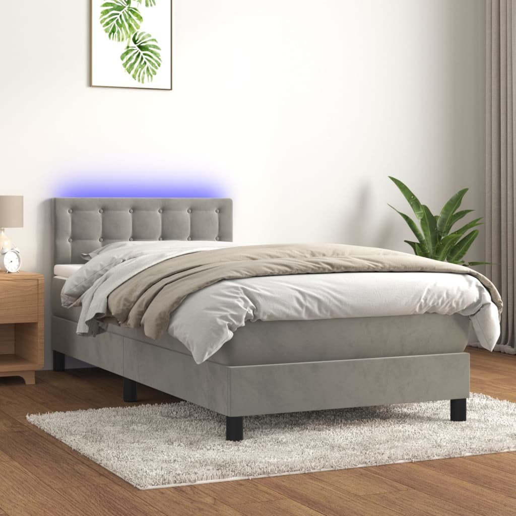 Lumarko Łóżko kontynentalne z materacem i LED, szare 100x200cm, aksamit