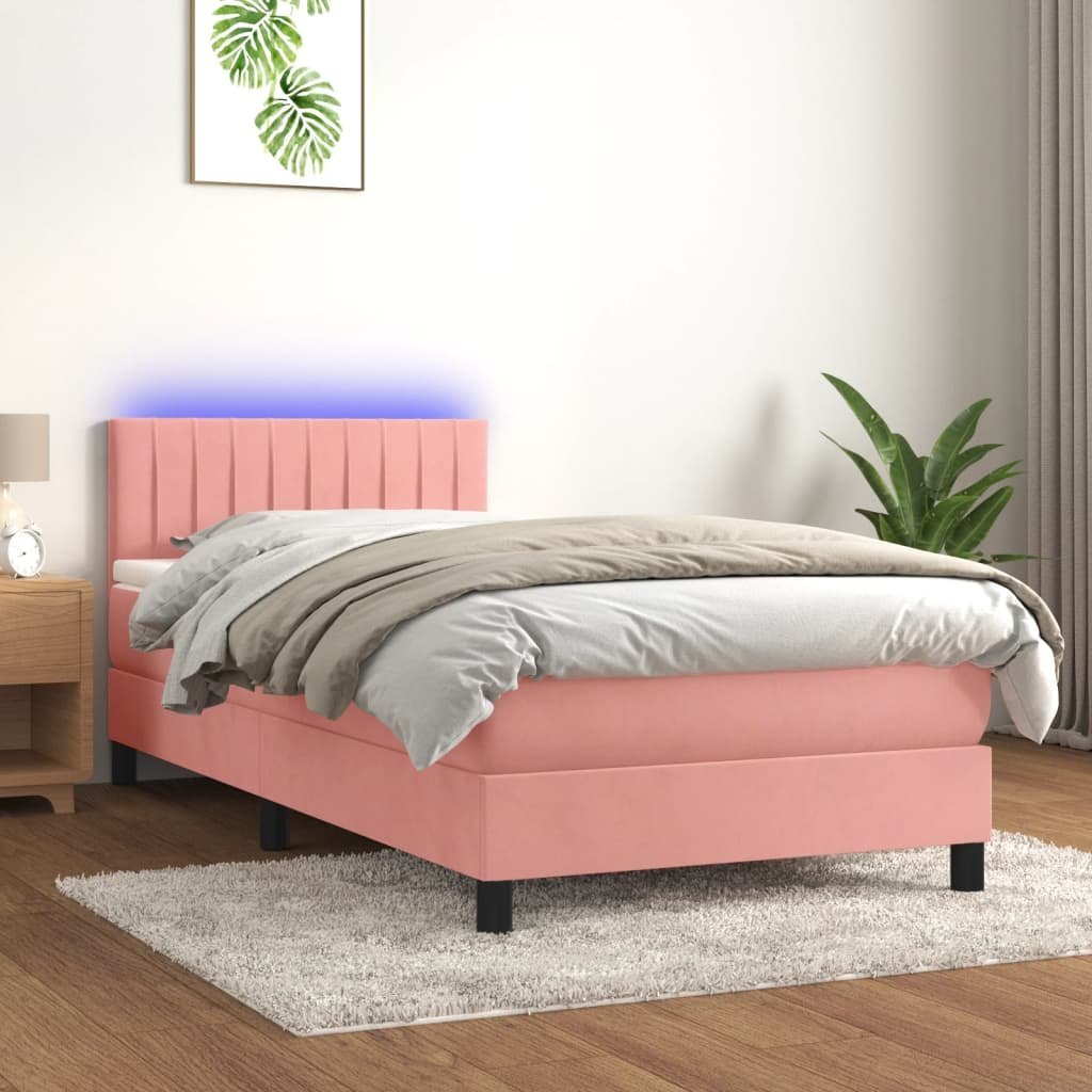 Lumarko Łóżko kontynentalne z materacem i LED, różowy aksamit 100x200cm