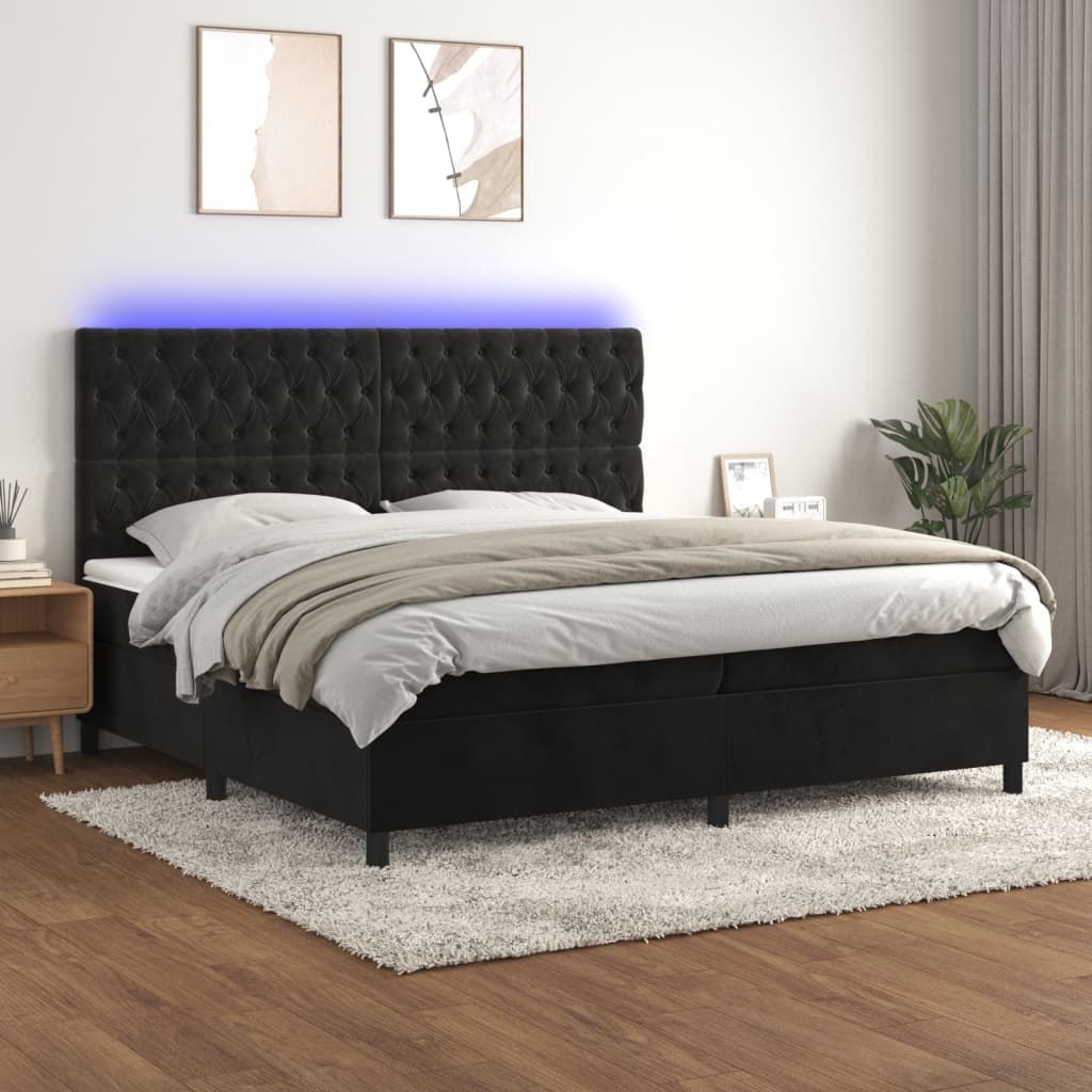 Lumarko Łóżko kontynentalne z materacem i LED, czarny aksamit 200x200cm