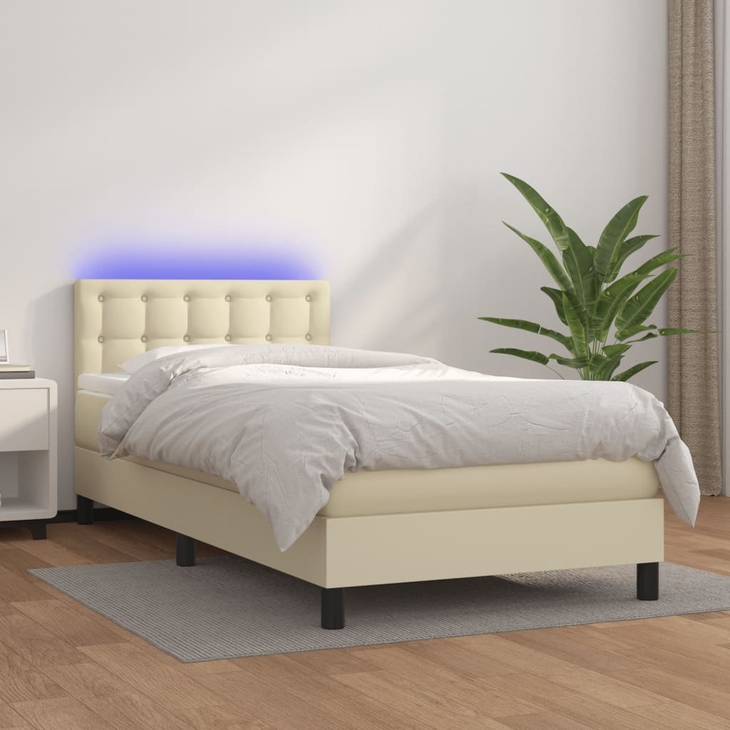 Lumarko Łóżko kontynentalne z LED, materac, kremowe, ekoskóra 90x200 cm