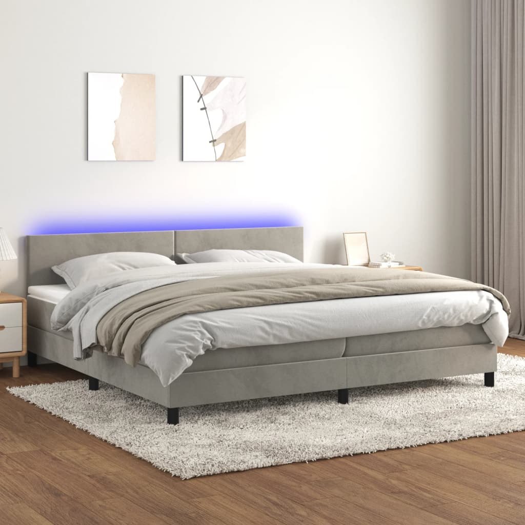 Lumarko Łóżko kontynentalne z materacem i LED, szare 200x200cm, aksamit