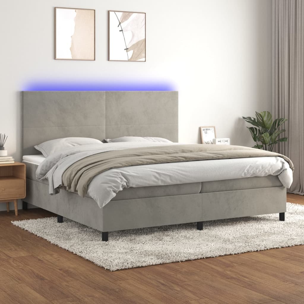 Lumarko Łóżko kontynentalne z materacem i LED, szare 200x200cm, aksamit