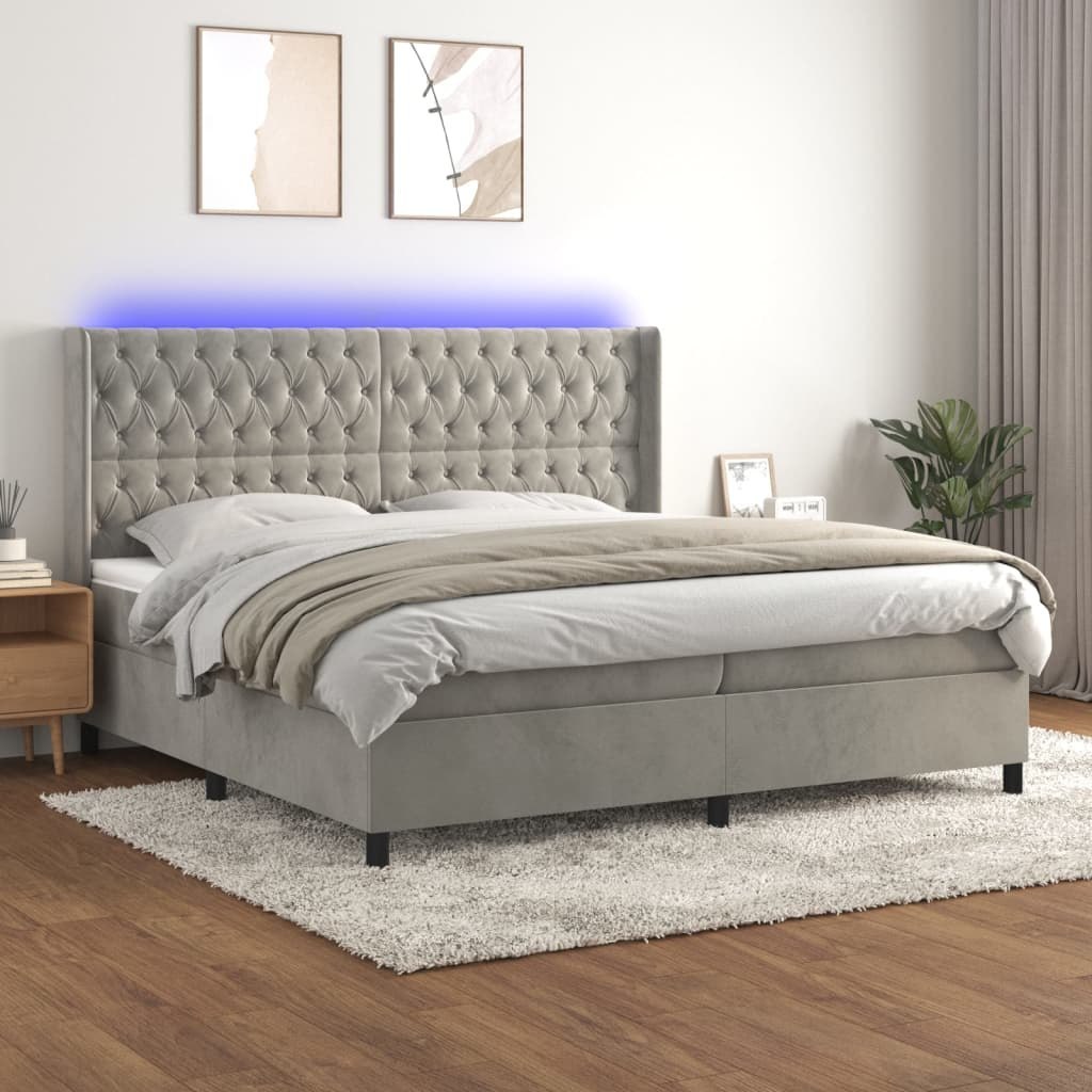 Lumarko Łóżko kontynentalne z materacem i LED, szare 200x200cm, aksamit