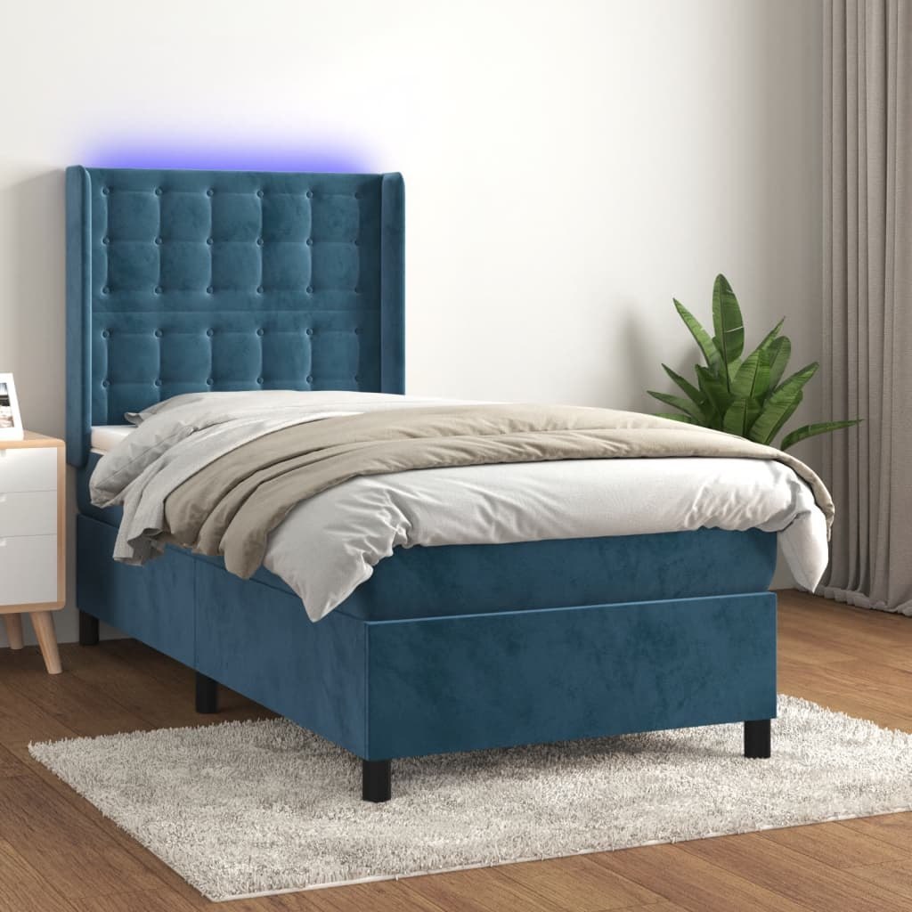 Łóżko kontynentalne, materac i LED, niebieski aksamit 100x200cm Lumarko