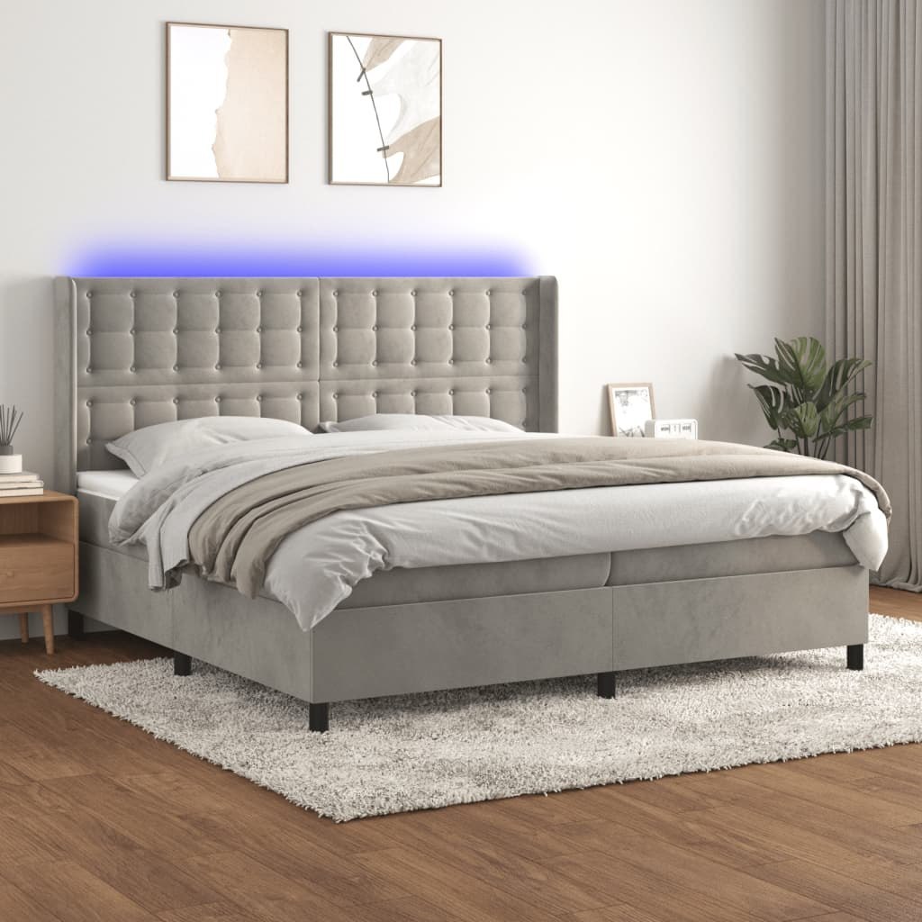 Lumarko Łóżko kontynentalne z materacem i LED, szare 200x200cm, aksamit