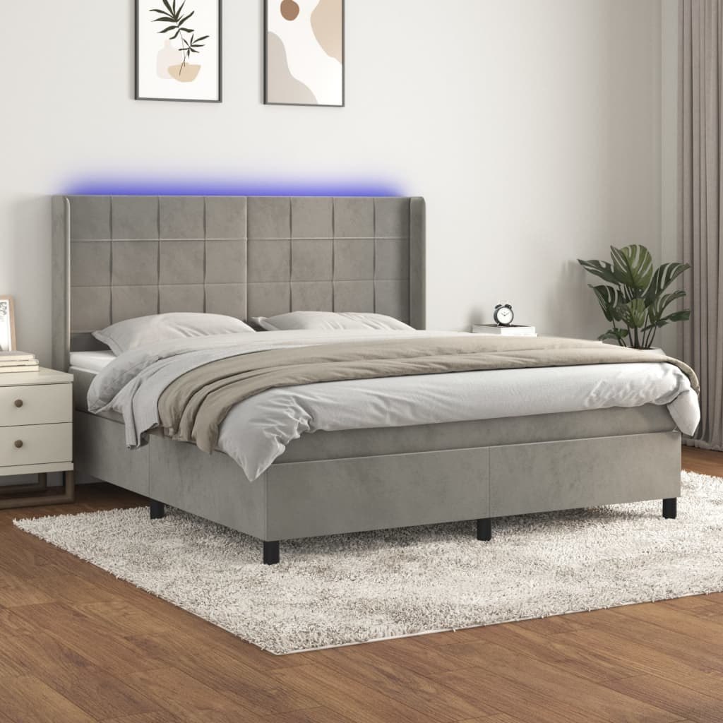 Lumarko Łóżko kontynentalne z materacem i LED, szare 160x200cm, aksamit