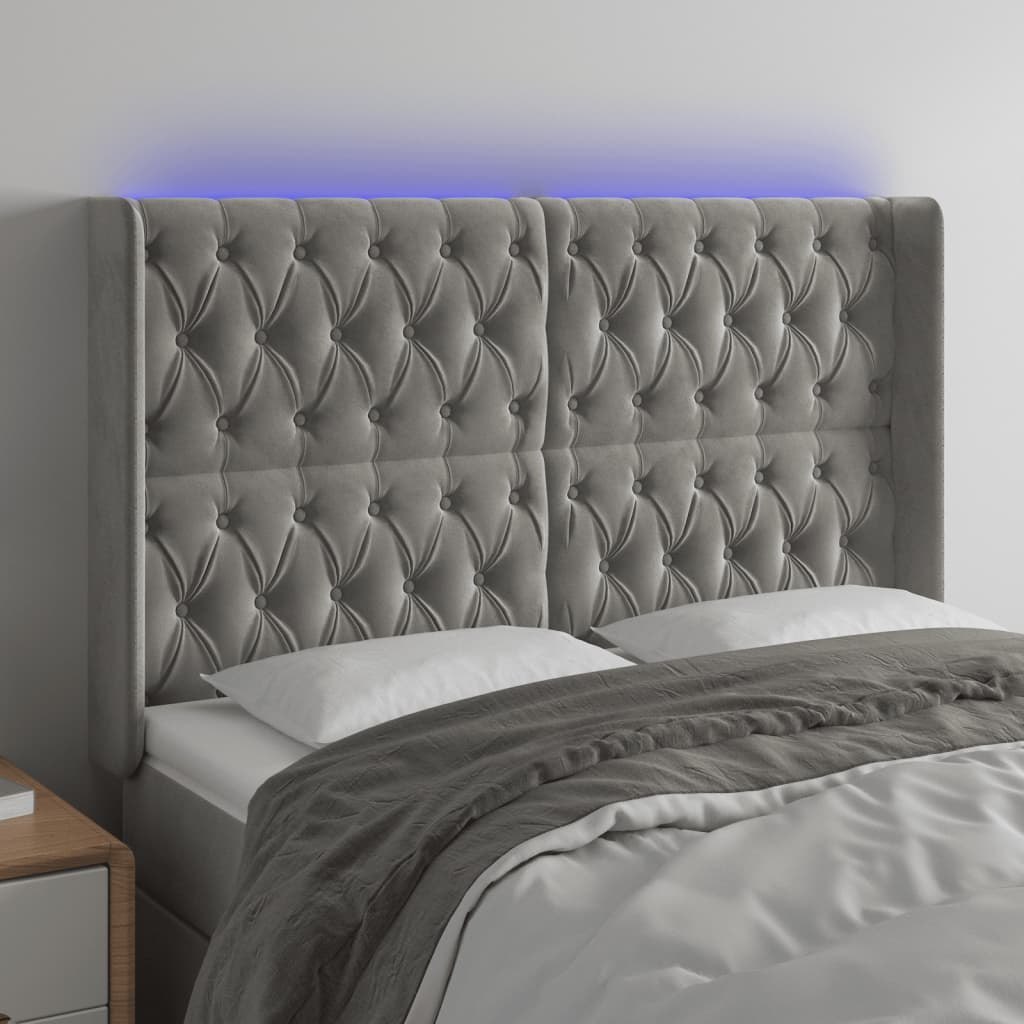 Lumarko Zagłówek do łóżka z LED, jasnoszary, 147x16x118/128 cm, aksamit