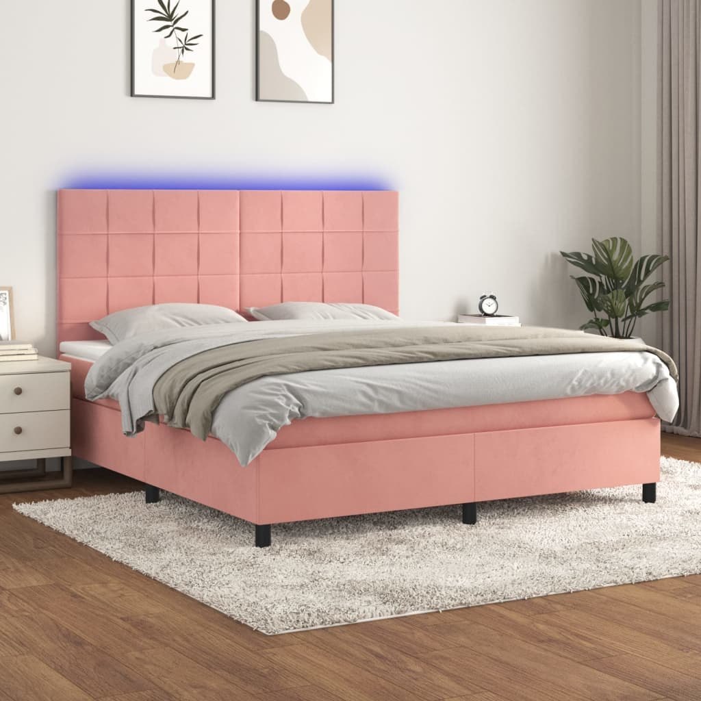 Lumarko Łóżko kontynentalne z materacem i LED, różowy aksamit 180x200cm