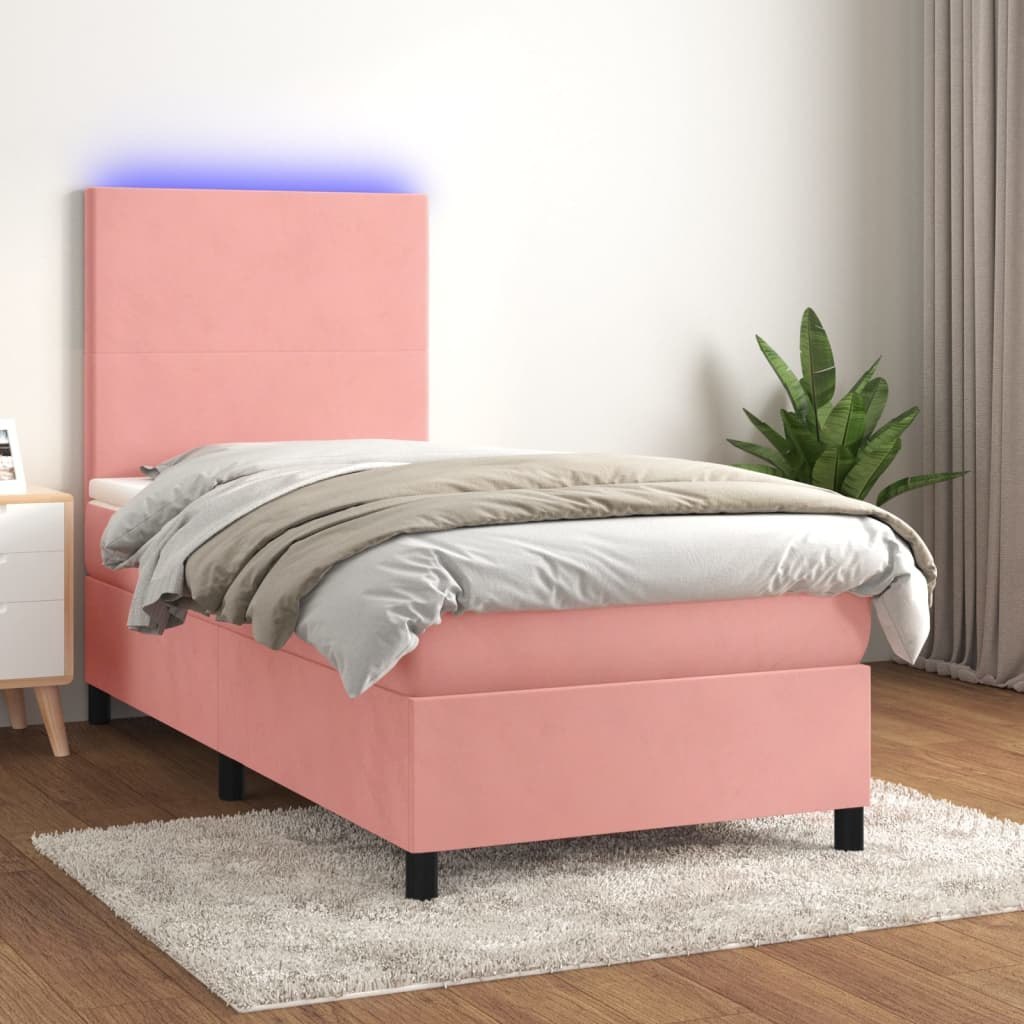 Lumarko Łóżko kontynentalne z materacem i LED, różowy aksamit 80x200 cm