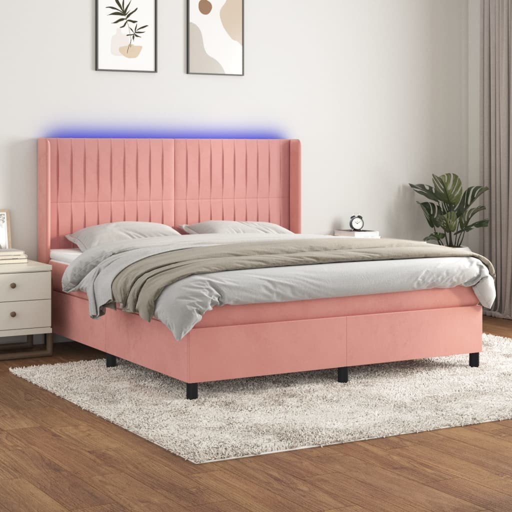 Lumarko Łóżko kontynentalne z materacem i LED, różowy aksamit 160x200cm