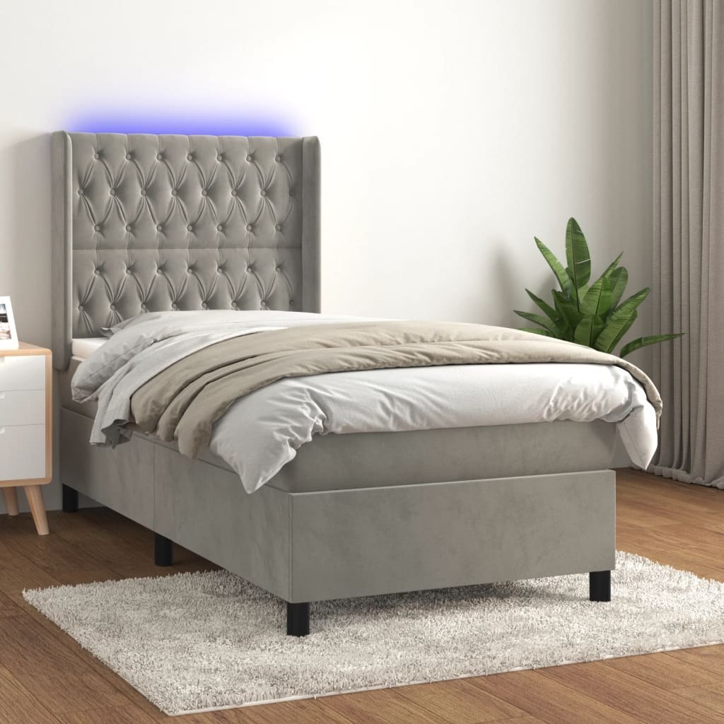 Lumarko Łóżko kontynentalne z materacem i LED, szare 80x200 cm, aksamit